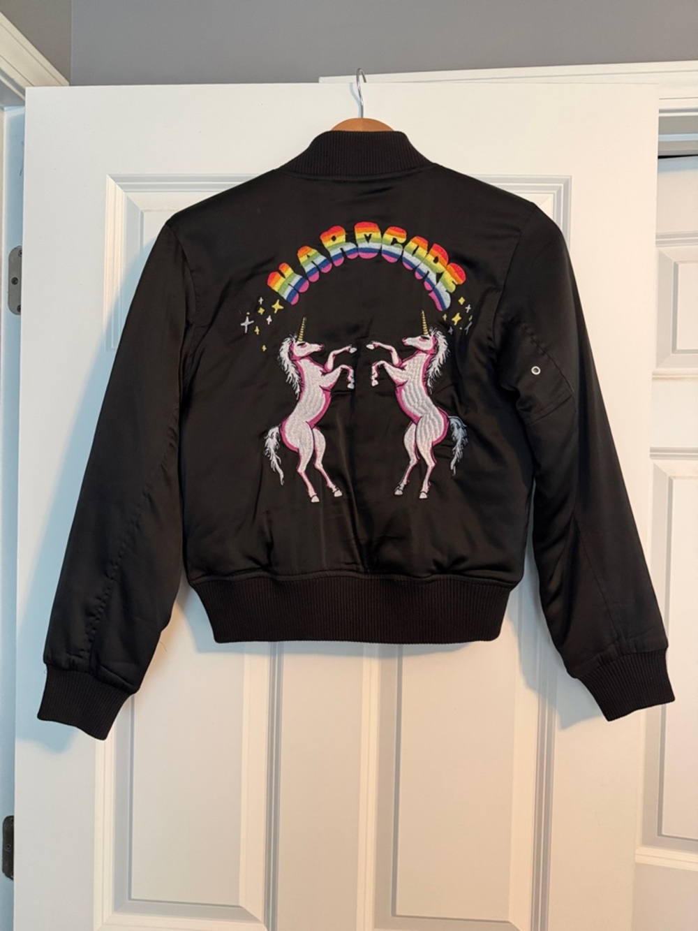Rare! UNIF Black Embroidered Hardcore Bomber Jacket XS Unisex Y2K - Picture 7 of 16